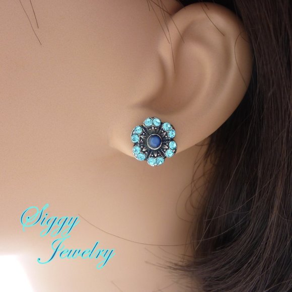Austrian Crystal Flower Stud Halo Earrings in Blue and Light Turquoise - Picture 6 of 6